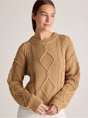 Quince 100% Organic Cotton Cropped Cable Crew Sweater, Camel, Size Large, NWT